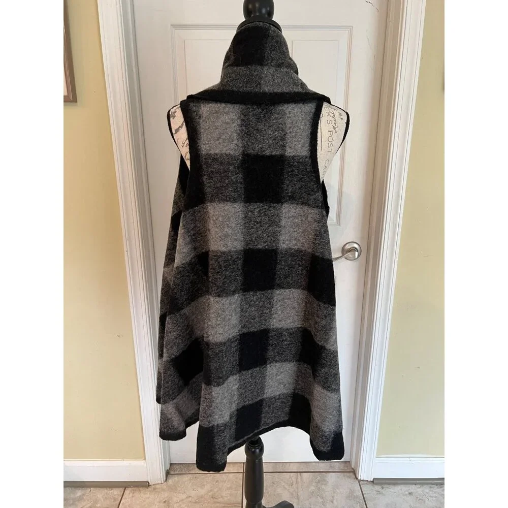 Amita Open Cardigan Wool Blend gray black buffalo check Shawl Sleeveless One Siz - Picture 4 of 5